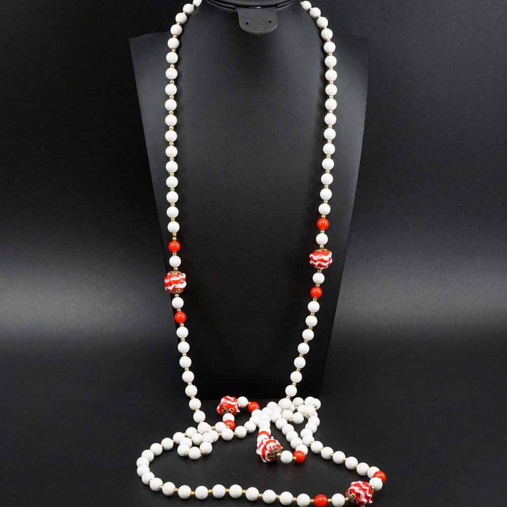 Vintage Coro Nautical Red White Long Beaded Necklace 60 inchGold Tone Striped
